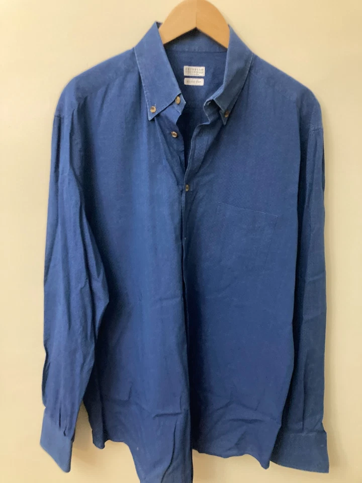 VGUC BRUNELLO CUCINELLI Button Down Shirt Blue 17.5/44 - Image 3 of 4