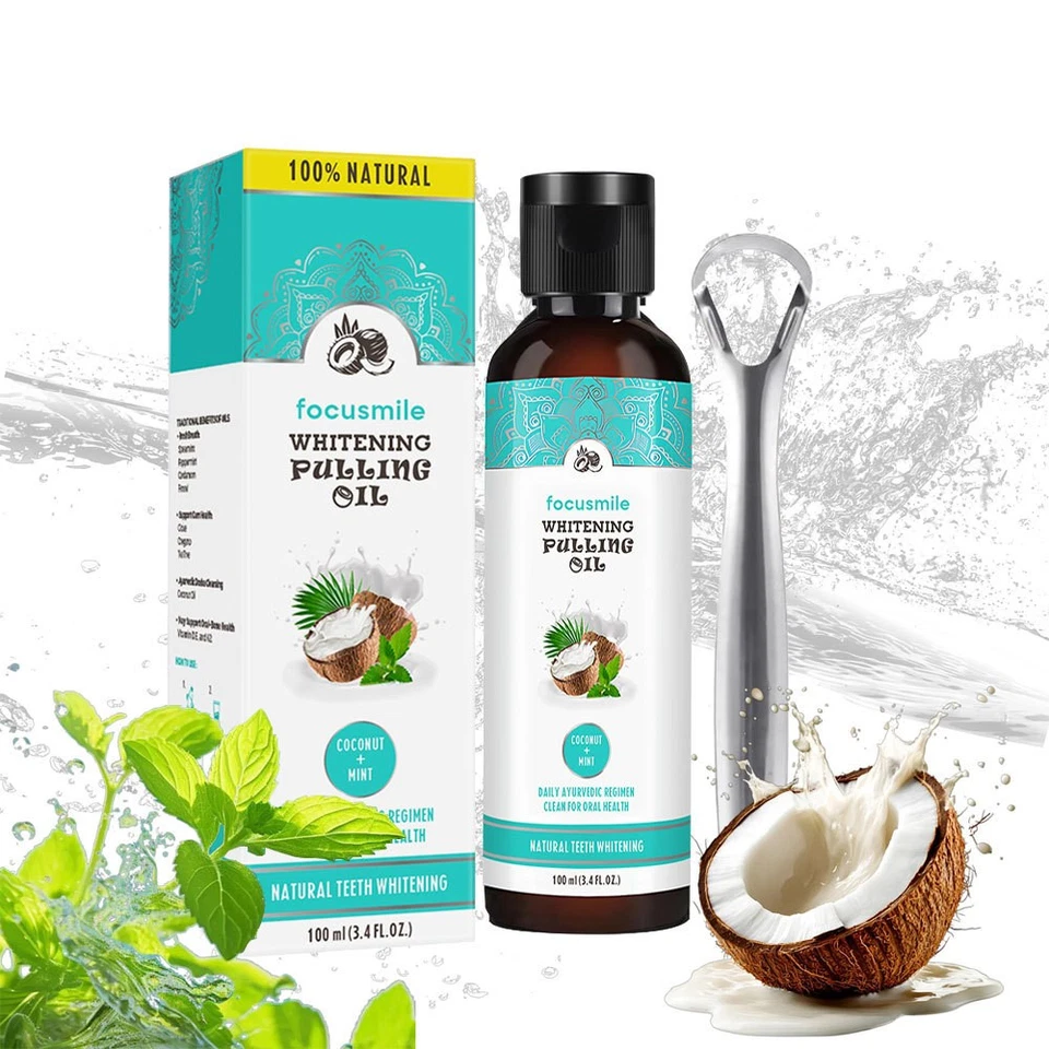 FOCUSMILE Coconut Oil Pulling, Whitening Oil Mouthwash for Fresh Breath & Teeth Whitening