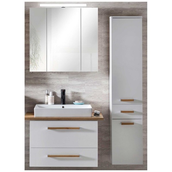 BadmöBel Set Weiß Waschtisch Keramik Waschbecken Led Spiegelschrank Hochschrank-image