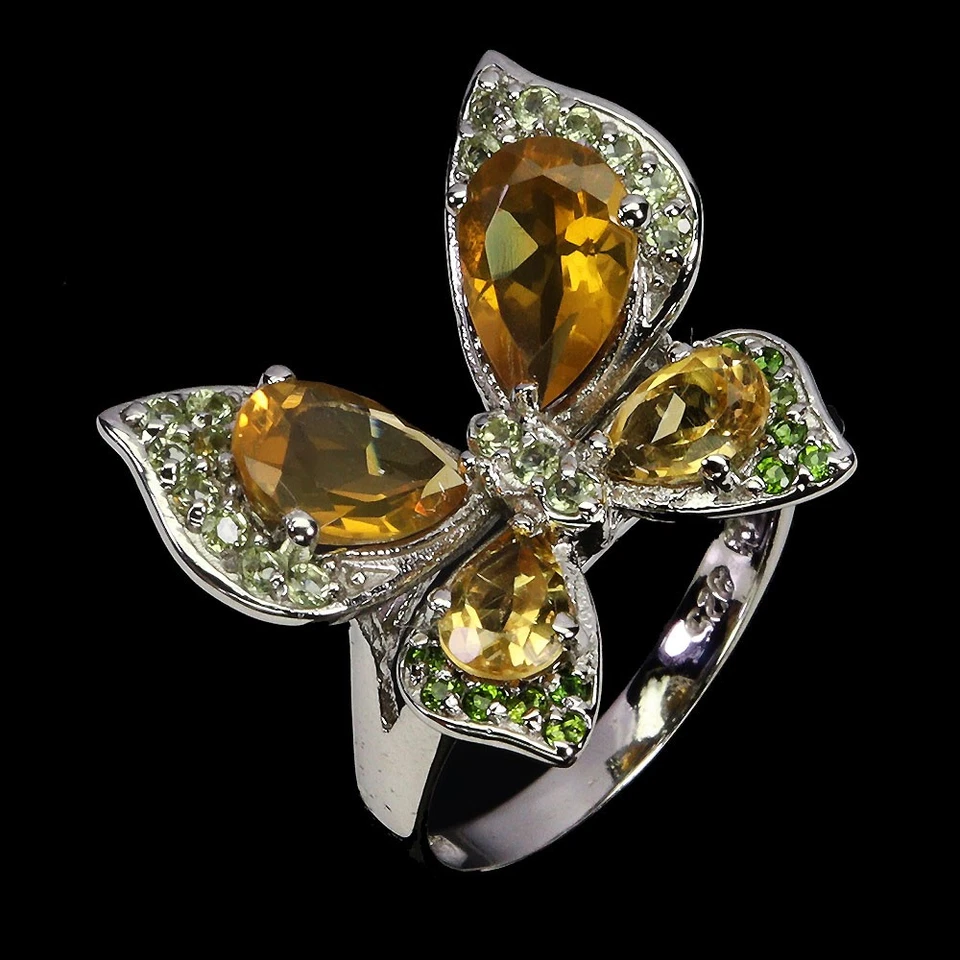 925 Sterling Silver Ring Pear Citrine Peridot Natural Gemstone Jewelry Butterfly - Image 2 of 4