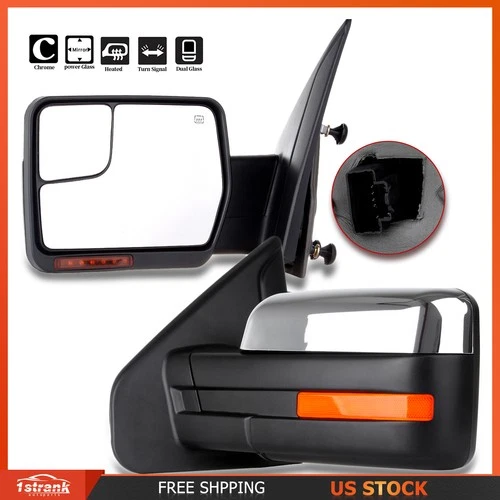 Power Heated Chrome Tow Mirrors For 04-14 Ford F-150 Puddle Lamp Signal Pair