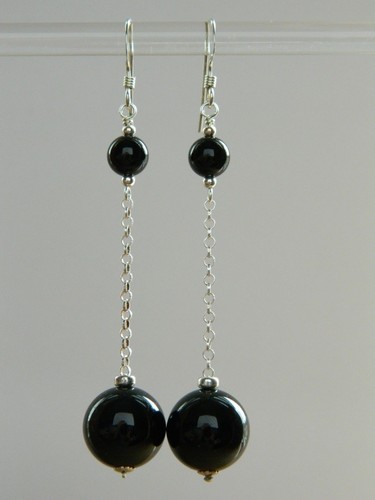 Black Onyx Smooth Round Gem Stones, Solid 925 Sterling Silver Long Drop Earrings - Picture 11 of 12