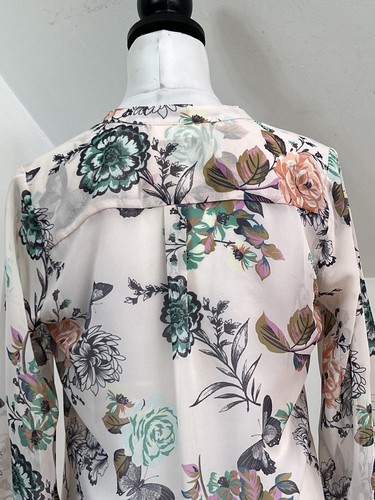 Wallis Chiffon Blouse Light Pink Blue Floral Butterfly Print Size S Button Up - Picture 9 of 10