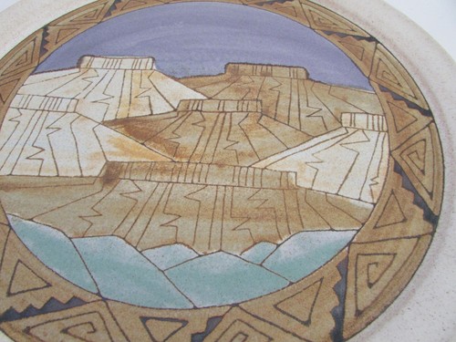 Signed Southwest Mesa Landscape Large 14" Art Studio Stoneware Pottery Plate - Picture 2 of 6