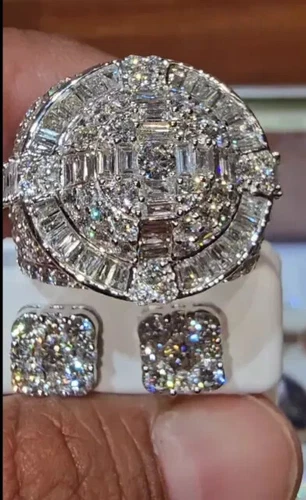 5Ct Round Real Moissanite Men's Ring & Earring 14K White Gold Plated All Size