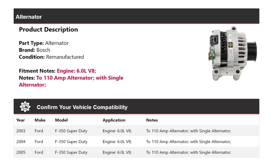 Alternador Bosch V8 6,0 L para Ford F-350 Super Duty 2003-2005 (remanufacturado) Foto 2 de 4