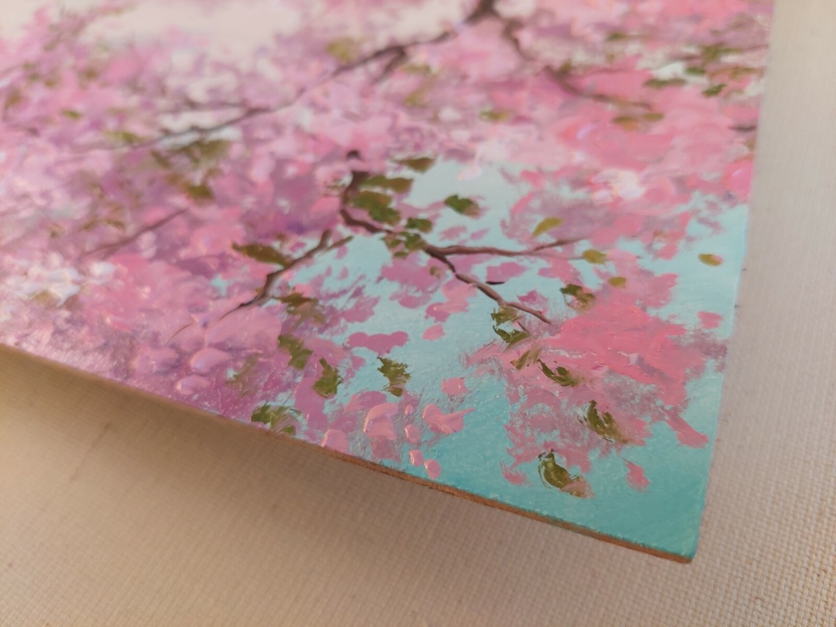 Spring cherry tree waterfall art. Impasto Sakura landscape