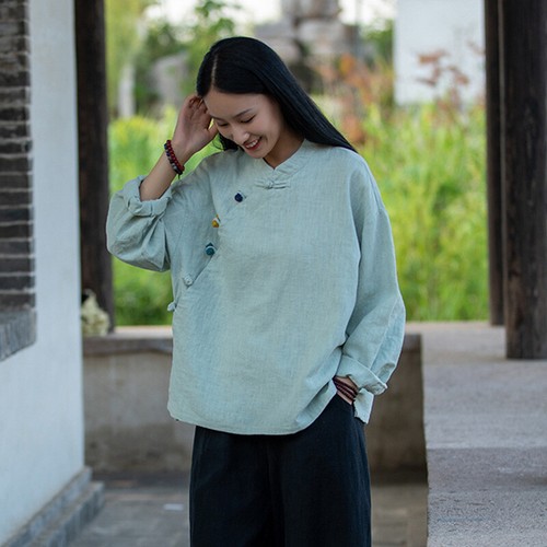 Blusa Top Blusa Top China Étnica Damas Manga Larga Cuello Mandarín Rana Botón - Imagen 3 de 21