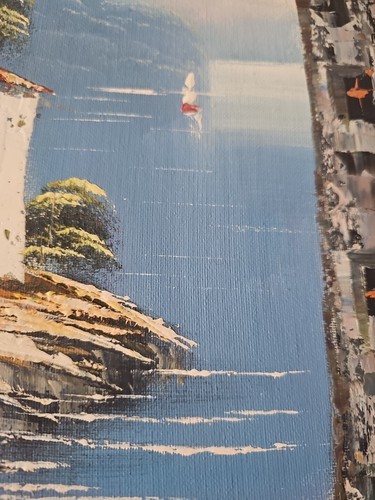 Dipinto ad olio villaggio mediterraneo a bordo incorniciato senza vetro, firmato da artista - Foto 7 di 9