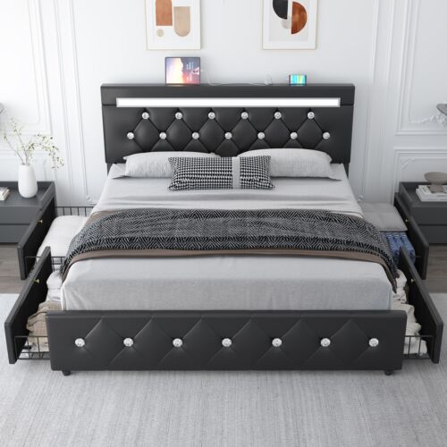 Full Queen Size Bed Frame with 4 Drawers and LED Lights and Charging Station - Picture 20 of 22