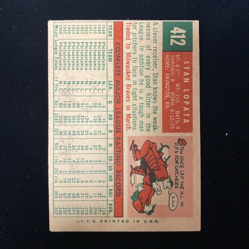 Carta Topps Stan Lopata firmata auto 1959 #412 Philadelphia Philles - Foto 2 di 2