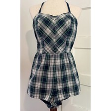 VINTAGE 1950s BLUE  GREEN PLAID HALTER SWIMSUIT  ROMPER  PLAYSUIT COTTON