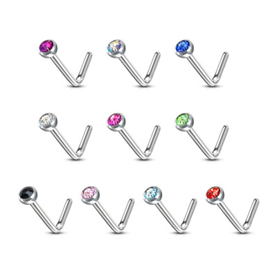 10pcs SAME-COLOR Press-Fit Gem L-Bend Nose Ring Studs Surgical Steel