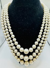 Vintage Japan Triple Strand Necklace Hand Knotted Faux Pearls White Silver Tone