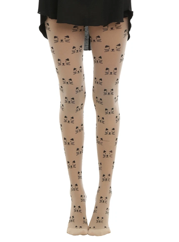 HOT TOPIC FASHION NUDE BLACK FAUX ALL OVER CAT FACE SHEER TIGHTS PANTYHOSE - Image 2 of 2