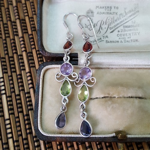 925 Sterling Silver Earrings, Multi Gemstones Dangle, Garnet, Amethyst, Iolite - Picture 4 of 7