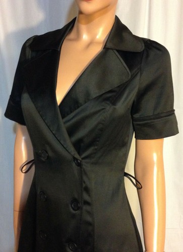 Y2K FOREVER Black Stretch Satin Wide Notched Lapel 8 Button Dbl Breasted Dress~S - Picture 3 of 10