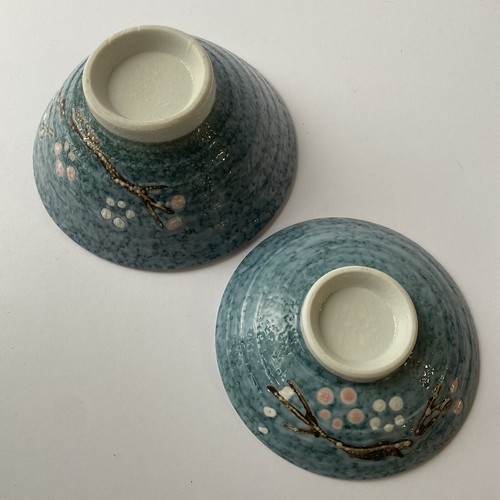 Pair of Textured Glazed Asian Style Blue/White Floral Cherry Blossom Small Bowls - Picture 5 of 11