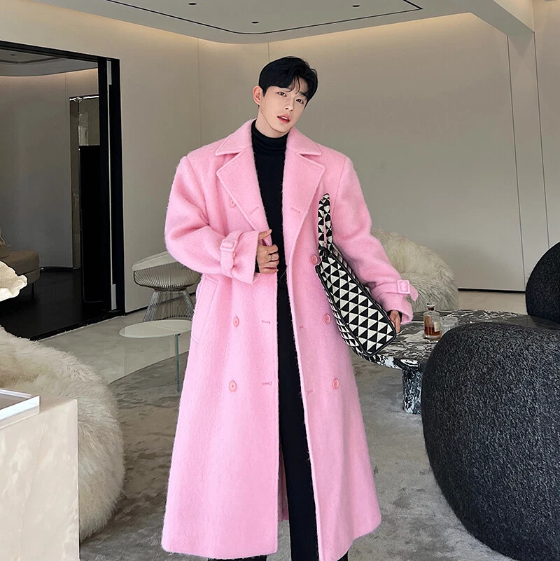 Korean Pink Woolen Coat Men's Long Knee Length Trench Coat British Thicken Coat - Image 2 of 4