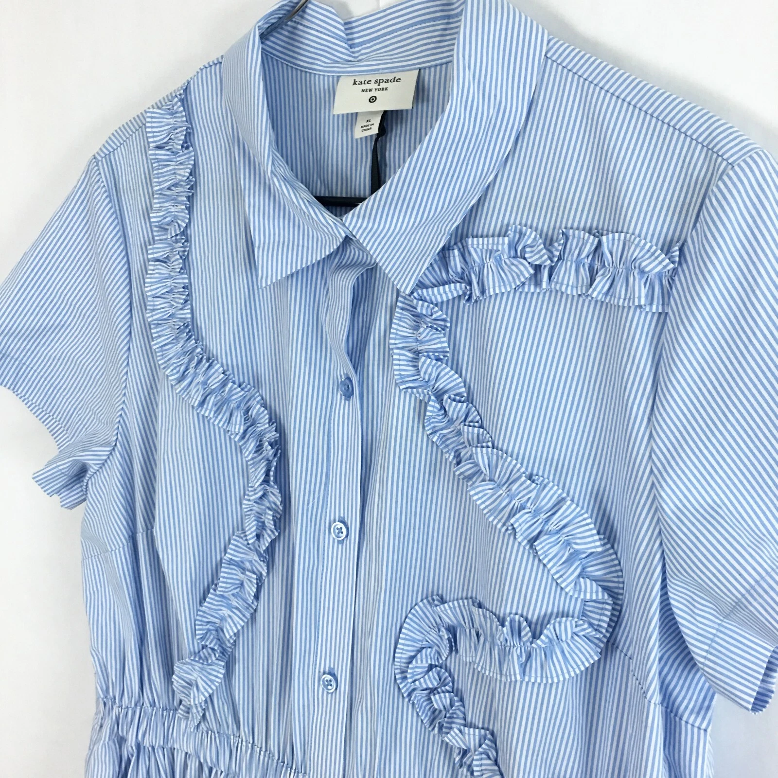 Camicia midi Kate Spade x Target Ribbon manica corta blu gessato XL 16
