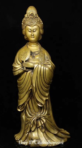 China Pure Bronze Carving Stand Beauty Belle Woman Lady Chaise Hold Fan Statue