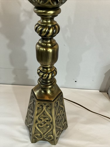 VTG Torchier Hollywood Regency Brass Table Lamp With  Glass Shade - Picture 10 of 16