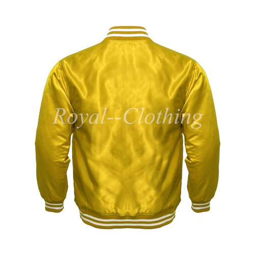 New Men's Varsity Letterman baseball Yellow Bomber Style All Satin Jacket XS~7XL - Picture 2 of 3