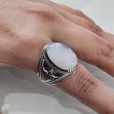 NATURAL RAINBOW MOONSTONE SOLID 925 STERLING SILVER TURKISH CHRISTMAS MENS RING