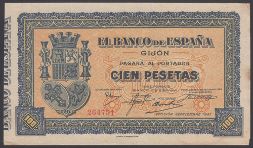 Spain 100 Pesetas 1937 XF++ P. S580, Banknote, Circulated