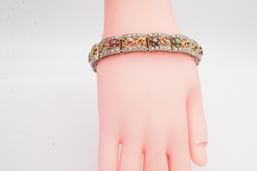Gold Plated Sterling Silver 925 Multi Gemstone Ruby Emerald Flower Bracelet 7.5" - Picture 6 of 9