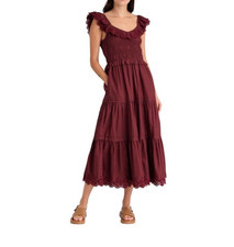 Madewell LUCIE Embroidered Tiered Ruffled Midi Dress Cotton Mulberry Ruched Sz 8