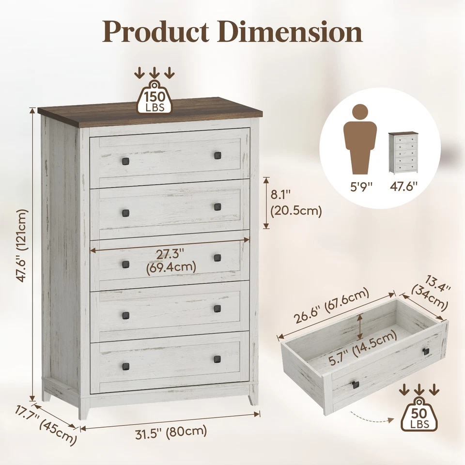 Cómoda Lifewit Farmhouse 5 cajones para dormitorio, tocadores y cómodas Foto 2 de 4