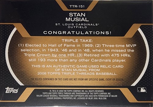 2008 Topps Triple Threads, Musial, Hall of Fame, Game-Used Relics, 27/27 - Picture 2 of 2
