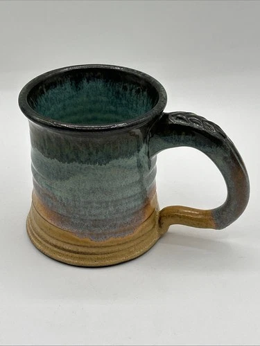 Vtg Hand Thrown Stoneware Studio Art Pottery Coffee Mug - Scaled Handle - Signed