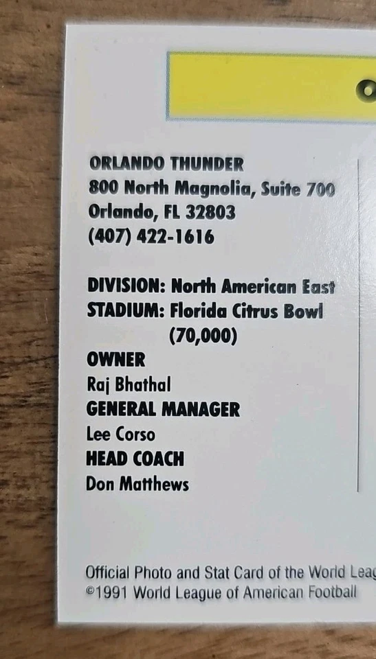 1991 Pro Set WLAF - Orlando Thunder #16 LEE CORSO- General Manager - Image 3 of 4