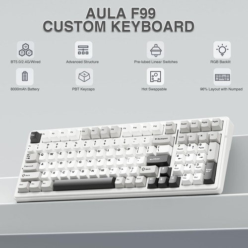F99 Wireless Mechanical Keyboard,Tri-Mode BT5.0/2.4GHz/USB-C Hot Swappable Cu... - Picture 2 of 9