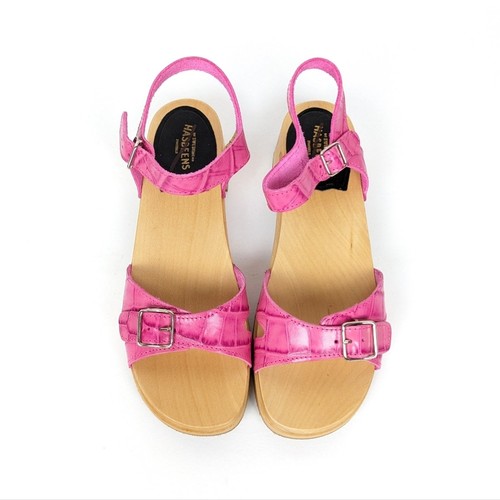 New Swedish Hasbeens Womens Shoes Pink Croc Low Chunky Wooden Heels Size 7 - Picture 4 of 13