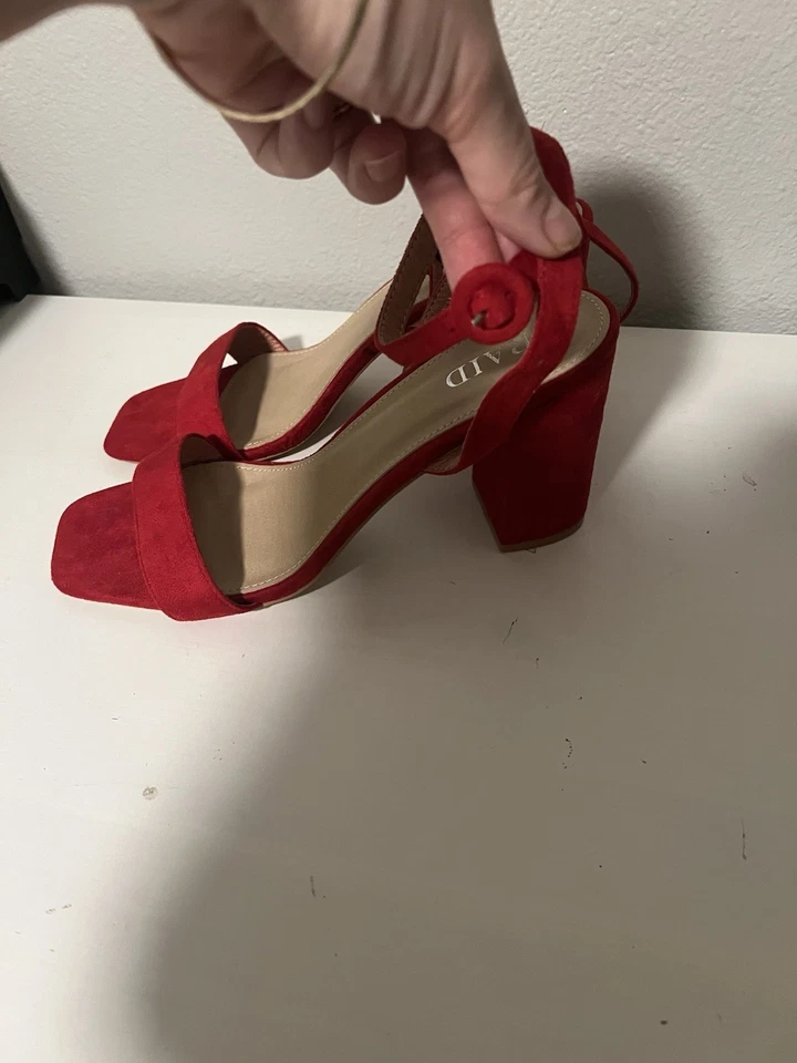 ASOS Raid Red Suede Square Toe Ankle Wrap Strap Chunky Heels Size 8 - Image 3 of 4