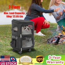 2-Tier Double-Compartment Dog Trolley Bag Pet Rolling Carrier Cat 22.05 lbs
