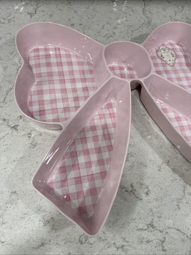 SHABBY CHIC PINK Checkered MELAMINE GINHAM Bow Shaped SERVING TRAY 16"x15" NEW - Picture 3 of 7