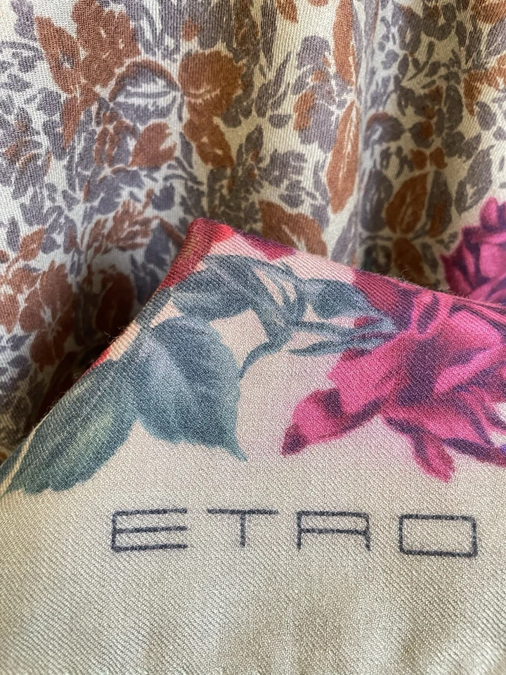 Y9# ETRO Made in Italy Wool Silk Floral Scarf Beige Multicolor Vintage - Image 2 of 4