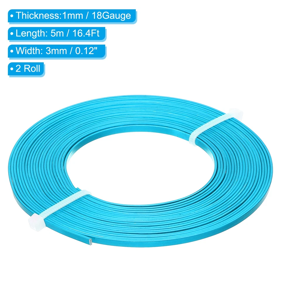 18 Gauge 3mm Wide Flat Wire, 16.4Ft 2 Roll Bendable Flat Bezel Wire, Sky Blue — 第 2/4 张图片