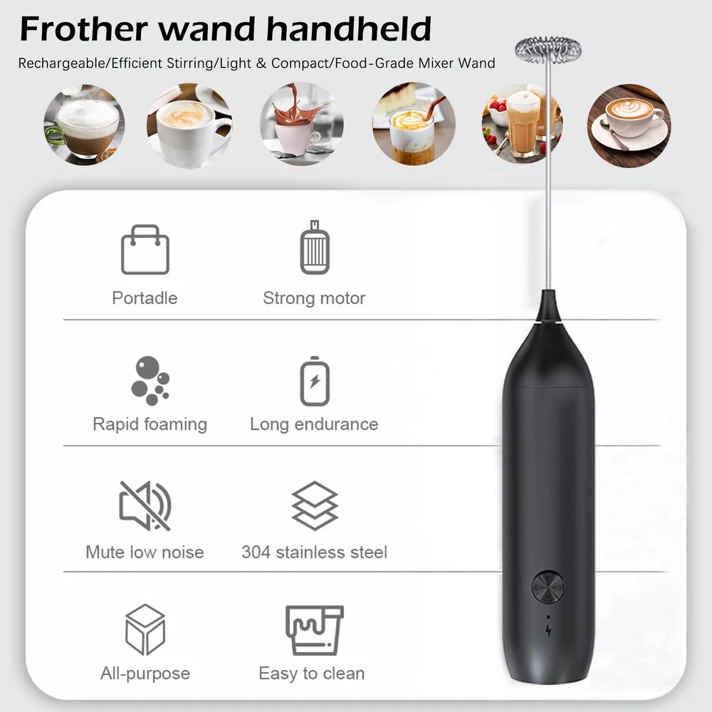 Milk Frother Handheld with USB Type-C Rechargeable, Electric Drink Mixer