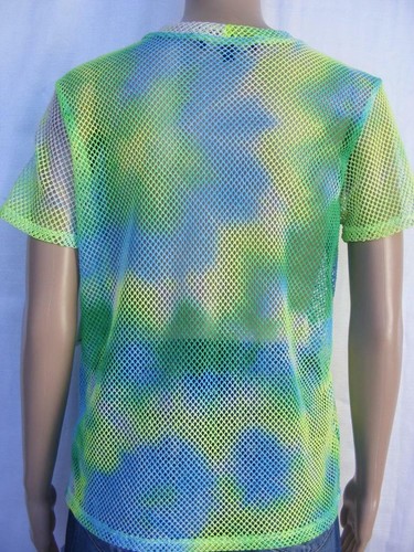 Acid Green Pastels Tie-Dye Fishnet Shirt S See-Thru Sexy Mesh Open Net Top NEW - Picture 2 of 5