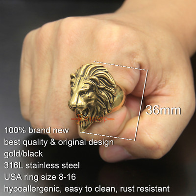 Men's 3D Gold Lion Head Stainless Steel Biker Ring Size 8 9