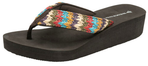 Damen-Sommersandalen Dunlop niedriger Keilabsatz Zehenpartie Urlaub Strand Flip Flops - Bild 4 von 37
