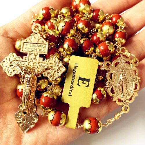 collana rosario cattolico perle agata rossa elegantemedica croce crocifisso religione... - Foto 3 di 8