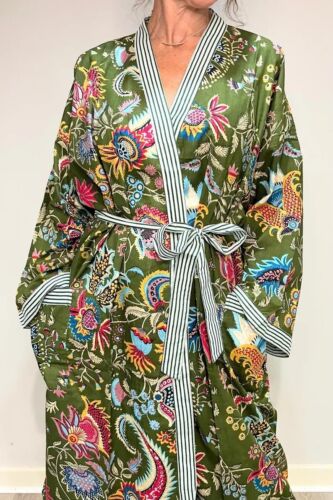 Indian Green Mukut Cotton Robes Long Kimono Sleepwear Night Suit Kimono Robes US - Picture 3 of 6
