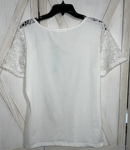 Dressfo White Lace Short Sleeve Top White Crisscross Neckline Large NWT - Imagen 9 de 9