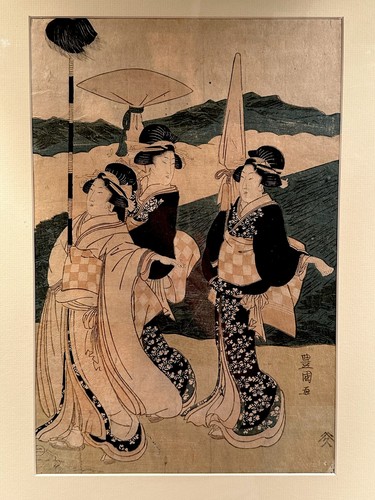 18th Century Utagawa Toyokuni Antique Japanese Woodblock Print, Women & Parasols - Picture 9 of 13
